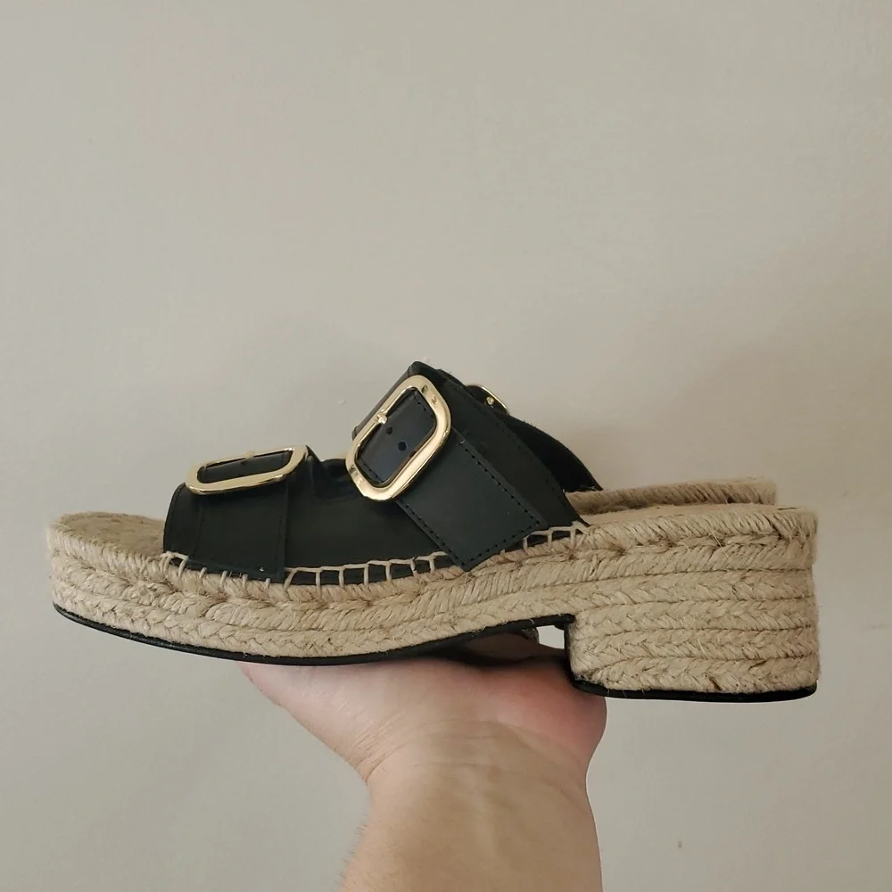 J. Crew Black Leather Block Heel Espadrille Sandals Size 8 Gold Buckle Womens